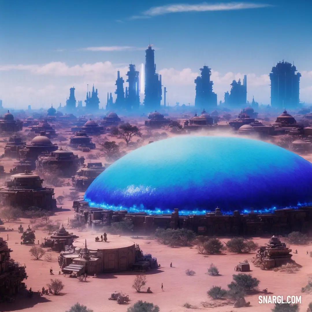 Futuristic city with a giant blue dome in the middle of the desert with a sky background. Example of #1560BD color.