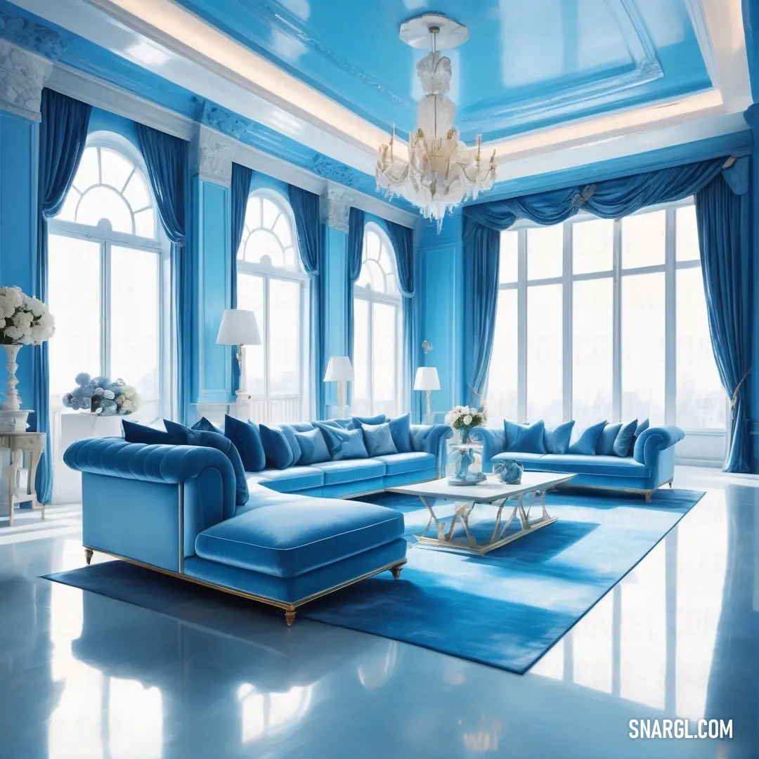 Living room with blue walls and a blue rug on the floor and a blue couch and chair in the middle. Example of CMYK 89,49,0,26 color.