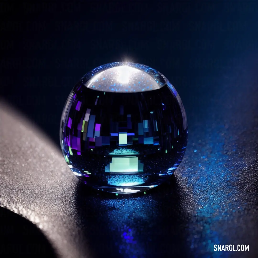 Disco ball on top of a table next to a black table cloth and a blue light shining on it