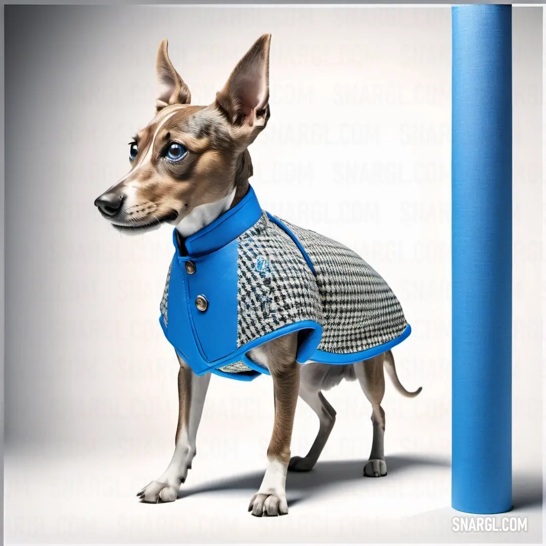 Denim color example: Dog wearing a coat standing next to a blue pole and a blue tube holder