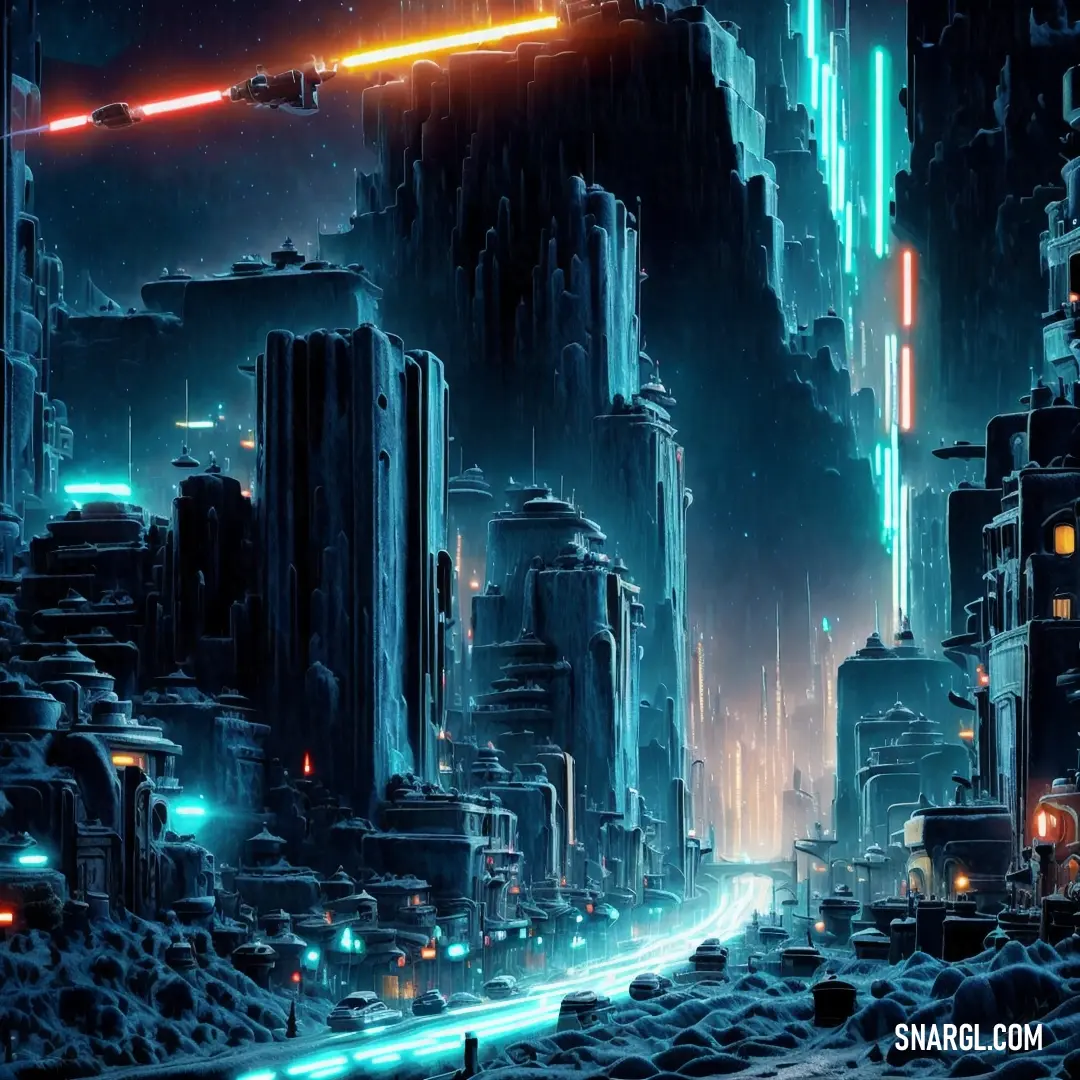 Futuristic city with neon lights and a neon sky background is shown in this image