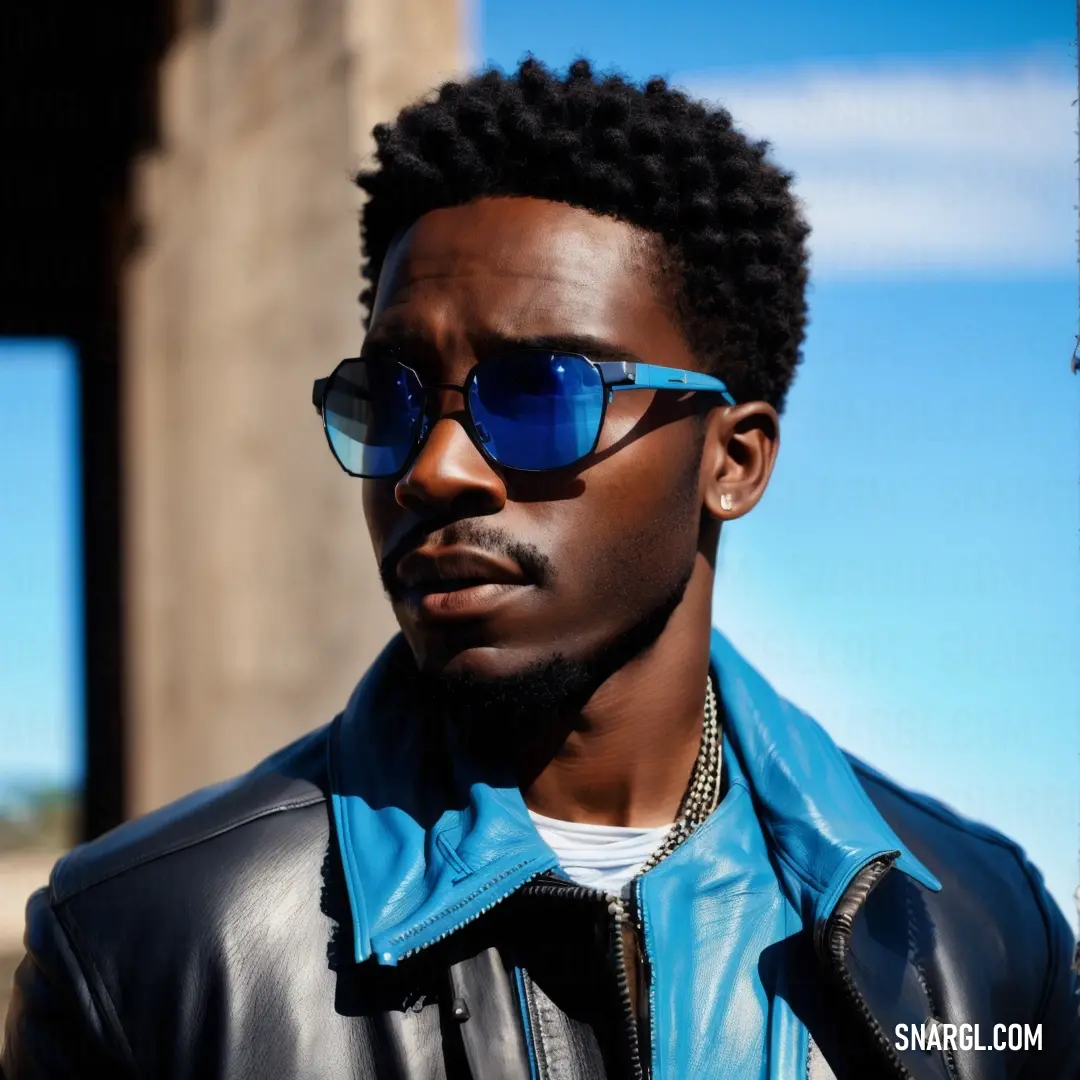 Man wearing sunglasses and a blue jacket looks off to the side with a blue sky in the background. Color CMYK 89,49,0,26.