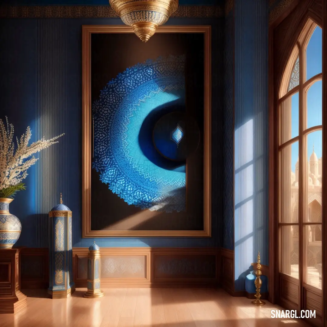 What color is #1560BD? Example - Painting of a blue eye in a room with a window and a vase