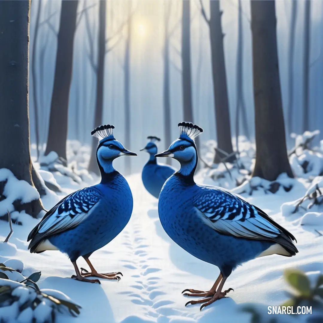 Denim color. Two blue birds standing in the snow near trees and bushes with snow on the ground