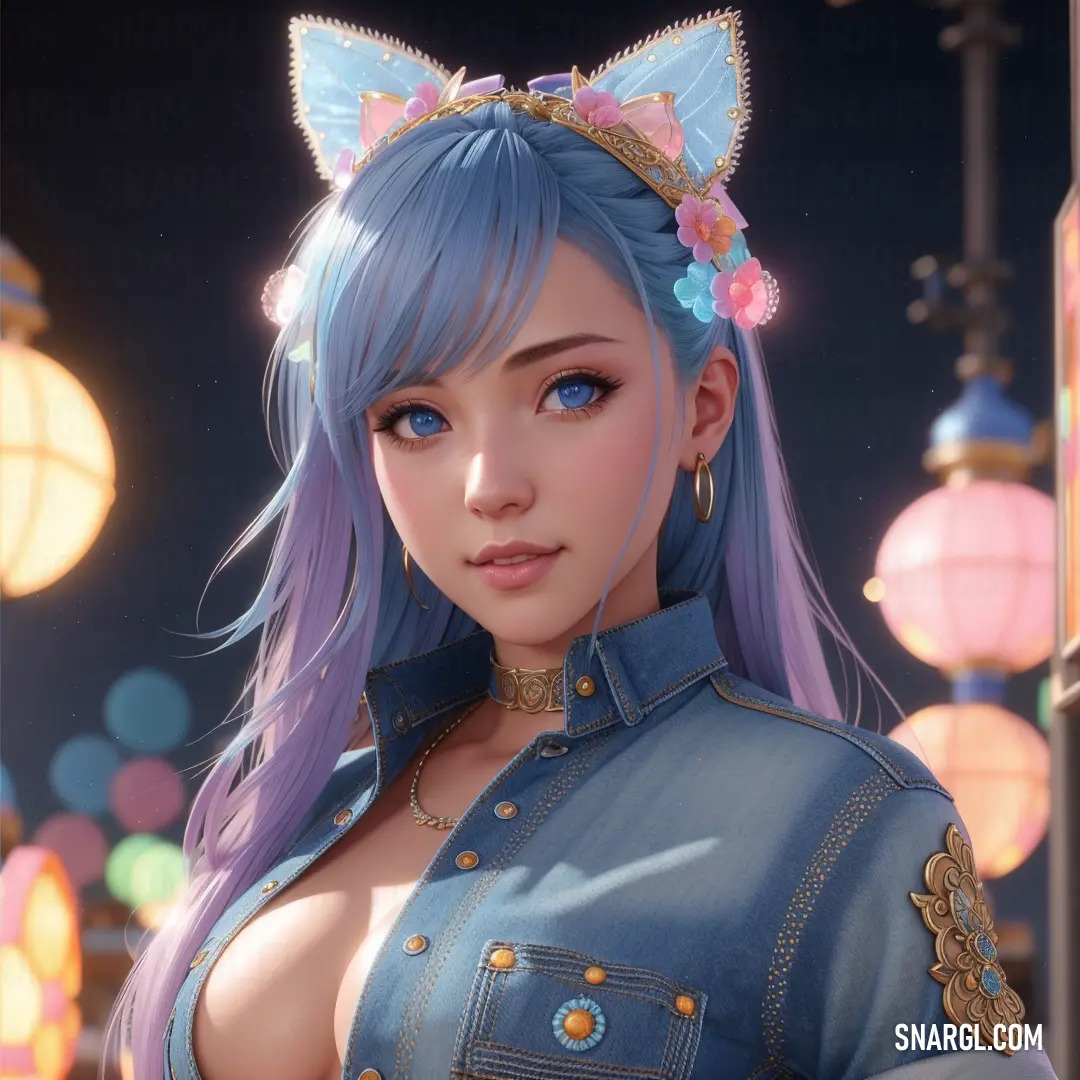 Very cute anime girl with blue hair and a cat ears headband on her head