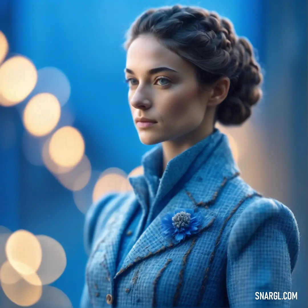 Woman with a blue suit and a blue flower in her hair is looking away from the camera with a blue background. Example of Denim color.