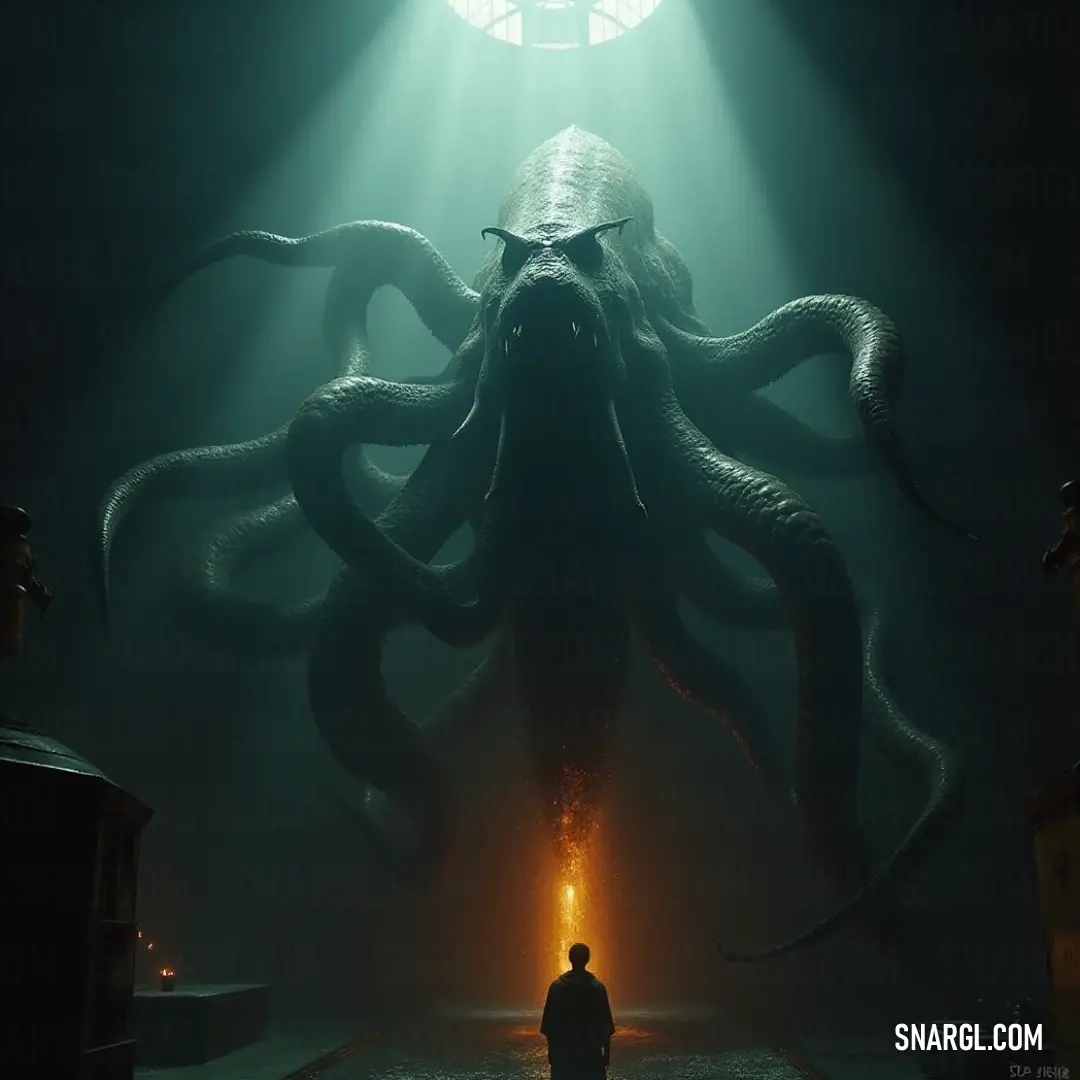 The imposing figure known as Depths' Wrath stands boldly before a mysterious octopus, illuminating the darkened room with its presence, as ethereal light pours from above, casting mesmerizing shadows around the scene.