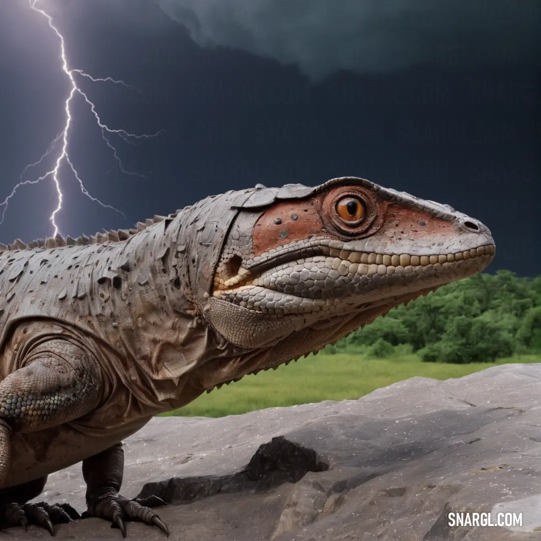 Large lizard standing on top of a rock under a lightning bolt in the sky above it is a field