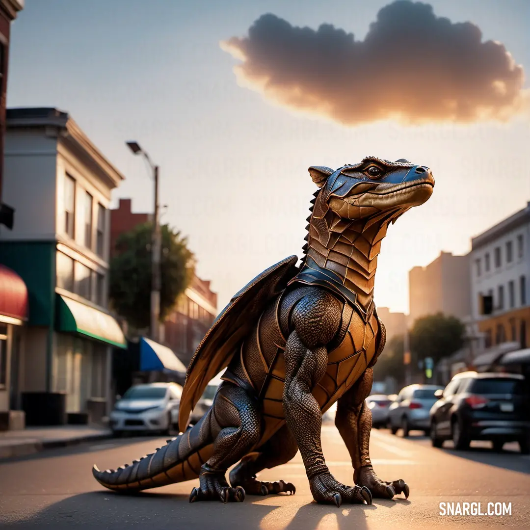 Statue of a Derodontid on a city street at sunset with a cloud in the sky above it and cars parked on the street