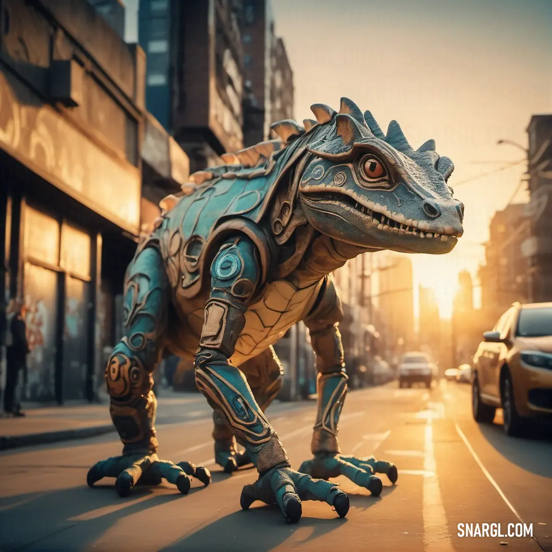 Toy Derodontid is walking down the street in a city at sunset or dawn with a car in the background