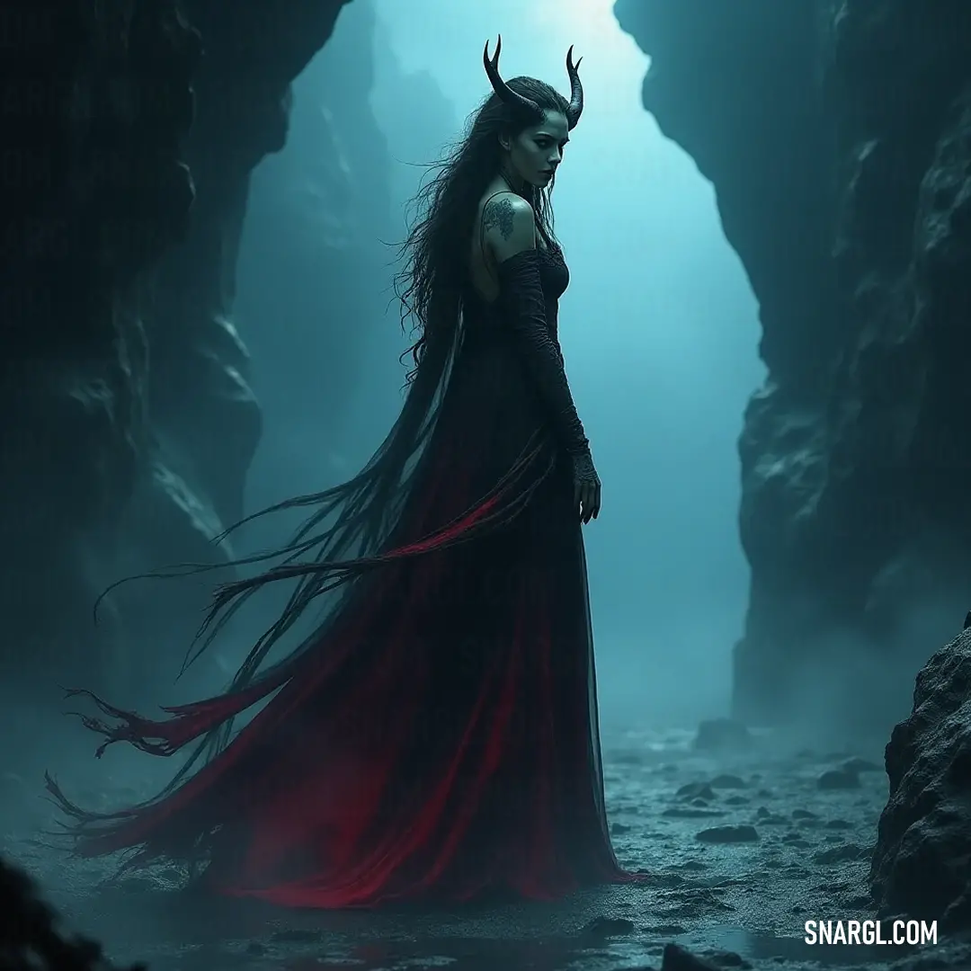 An enchanting portrayal of a woman in a red dress with horns, standing confidently in a cave, conjuring an atmosphere both fierce and beautiful. In a rugged cave, a woman in a flowing red dress stands proudly, her head adorned with horns, merging beauty and ferocity in an atmosphere rich with enchanting tension.