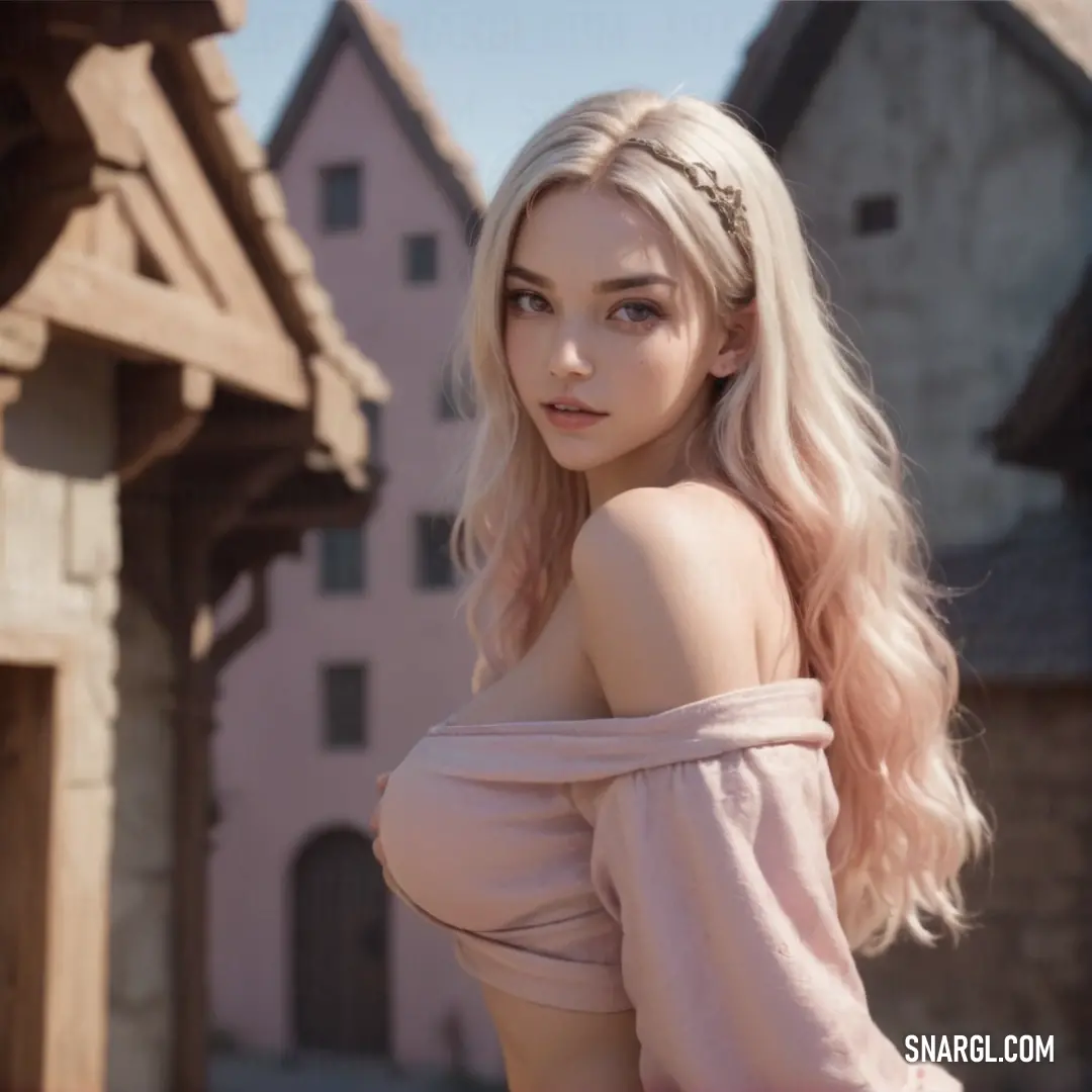 Desert sand color example: Woman with blonde hair and a pink top posing for a picture in front of a building