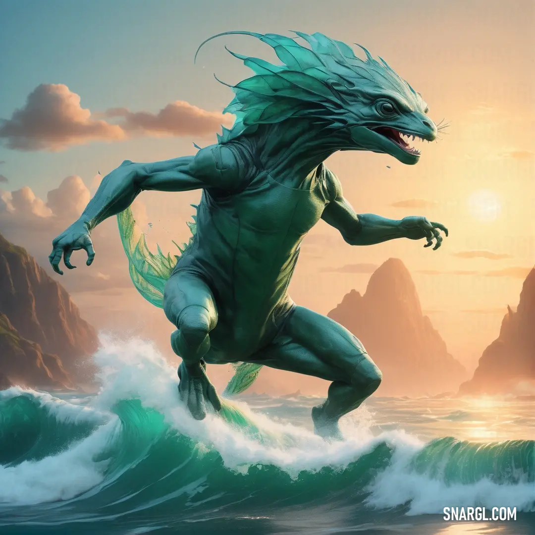 Green creature is standing on a wave in the ocean with a mountain in the background and a sun in the sky. Example of CMYK 0,15,26,7 color.