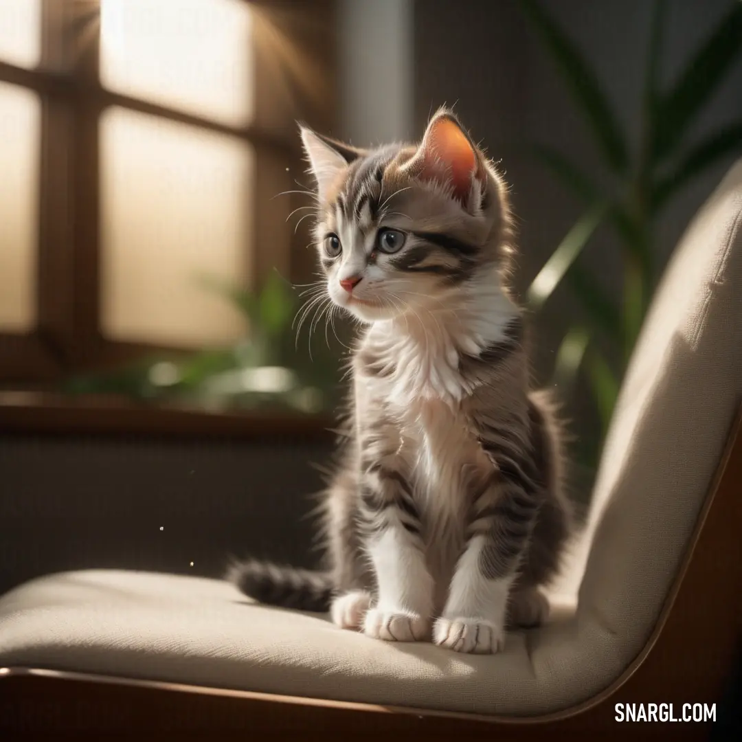 Desert sand color. Small kitten on a chair looking at the camera with a serious look on its face and eyes