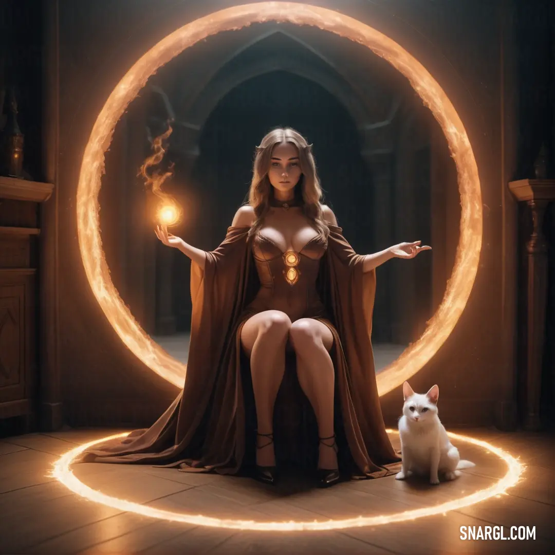 Woman in a dress on a chair with a cat in front of her and a glowing ring around her