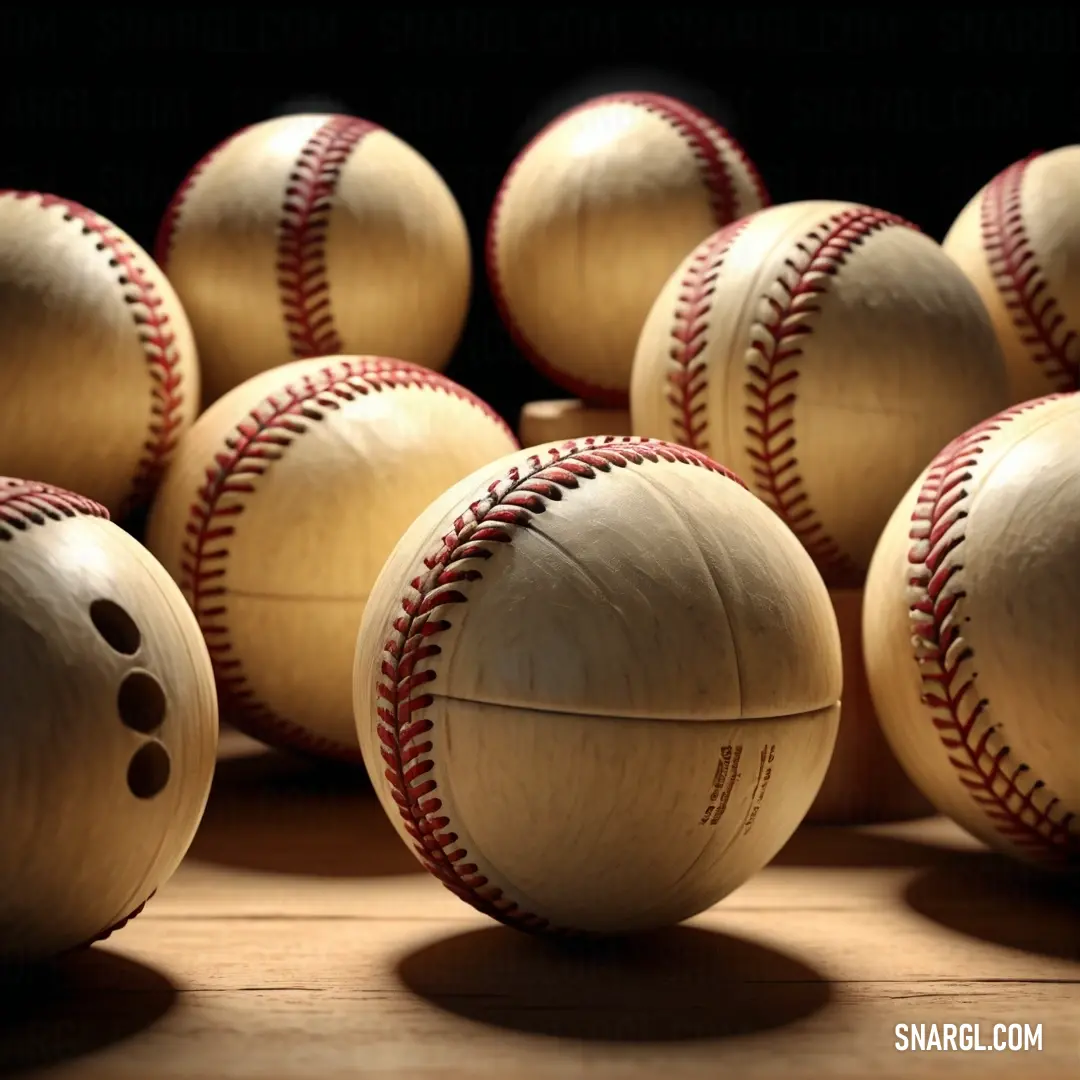 Group of baseballs on top of a wooden table next to each other on a wooden surface. Example of CMYK 0,20,45,24 color.