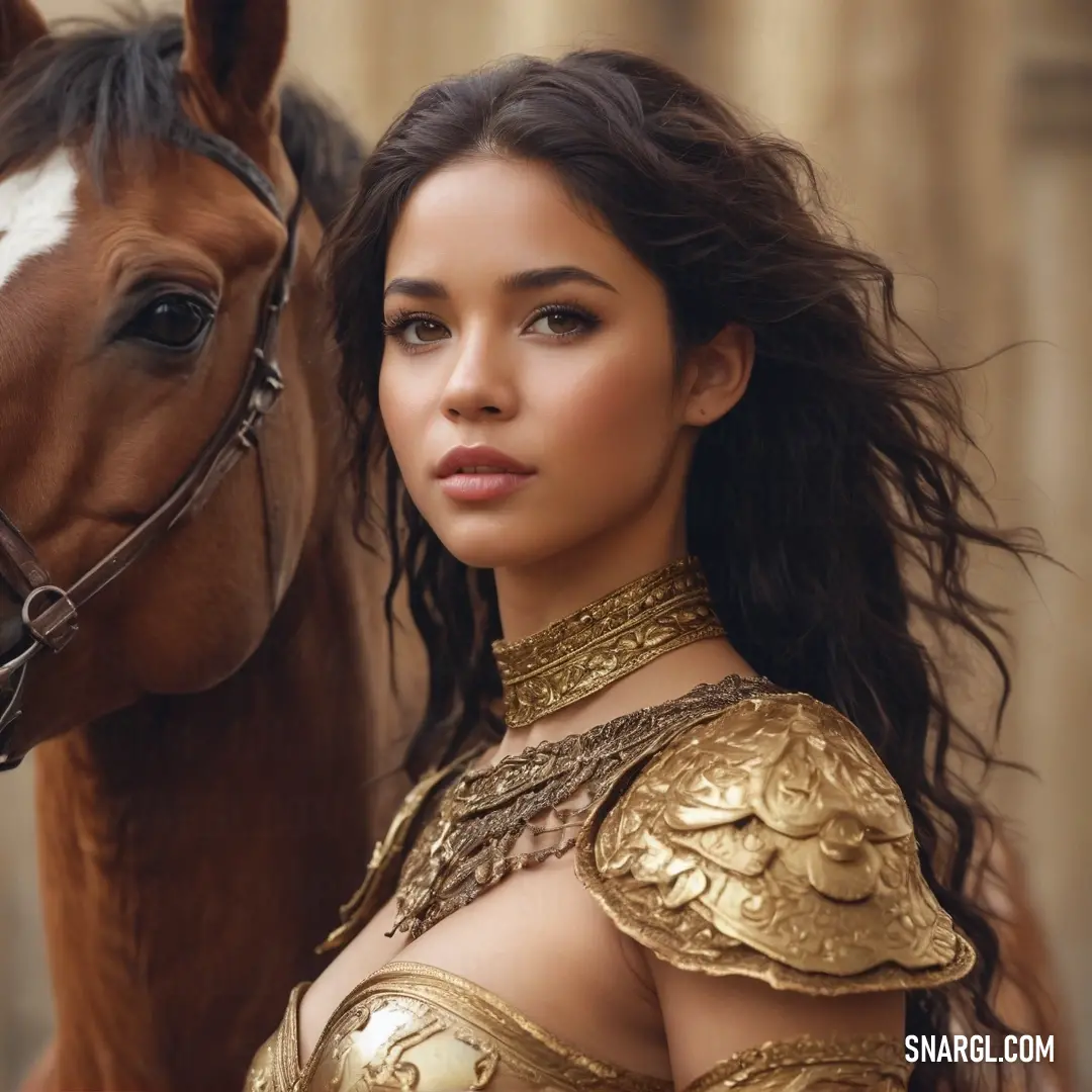 Desert color example: Woman in a gold dress standing next to a horse