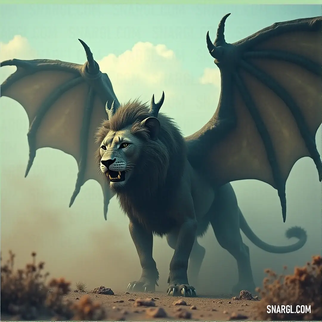 A large Desertclaw Manticore with impressive horns and a wild mane stands in a vast dirt field. The expansive sky above emphasizes the creature's size and power as it surveys the landscape.