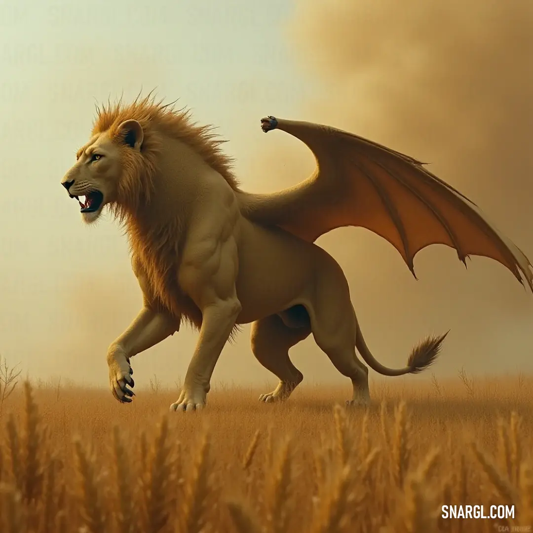 Regal Desertclaw Manticore Running through Wheat Field A regal Desertclaw Manticore, boasting a magnificent mane, charges through a golden field of wheat, while a dragon-like figure looms in the foreground, capturing the wild, untamed essence of this enchanted realm.