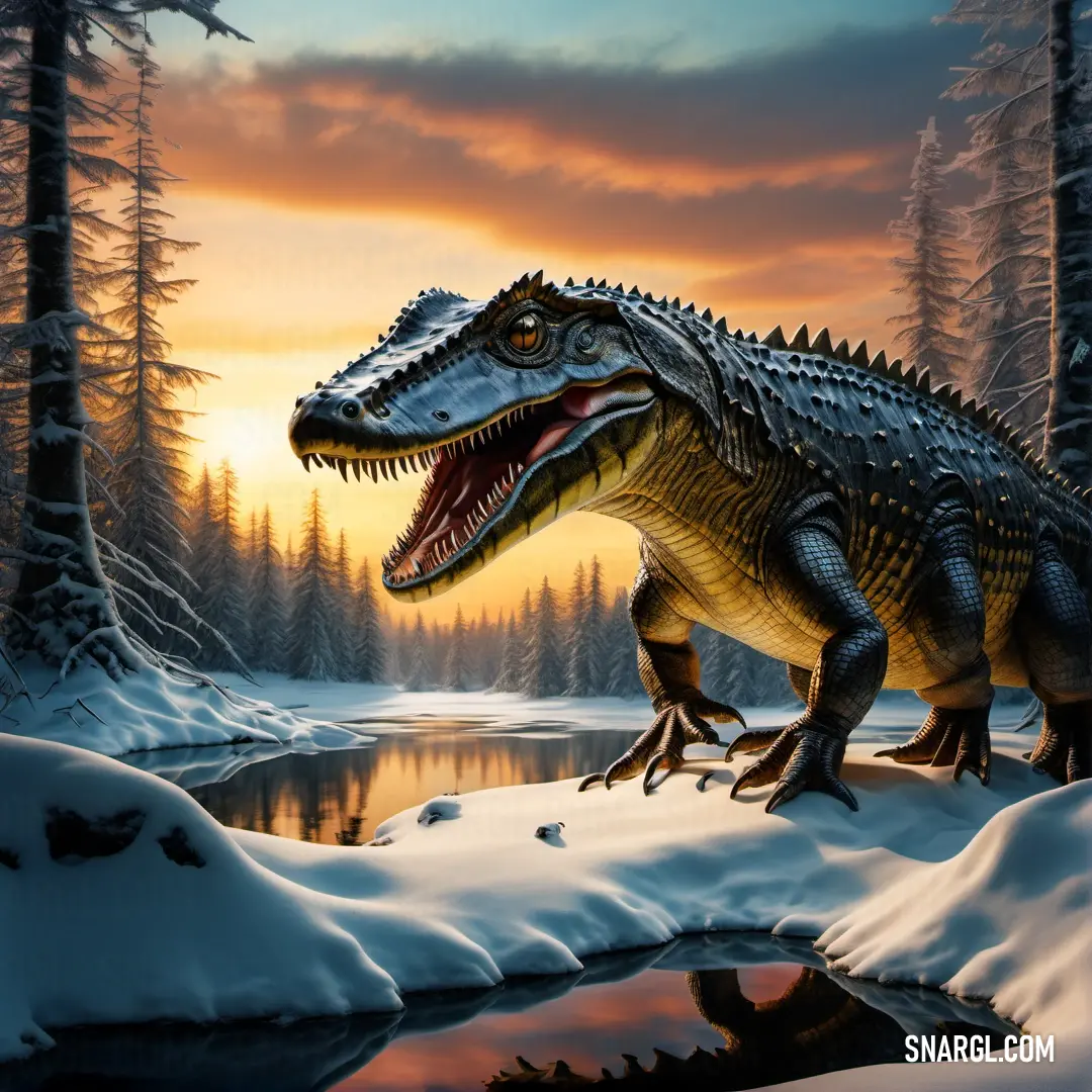 Desmatosuchus is standing in the snow by a pond of water and trees