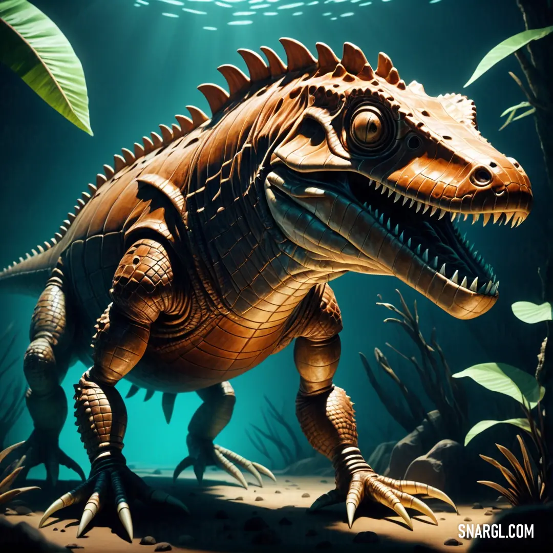 Desmatosuchus is walking through a sea of plants and algaes with a light shining on it's head