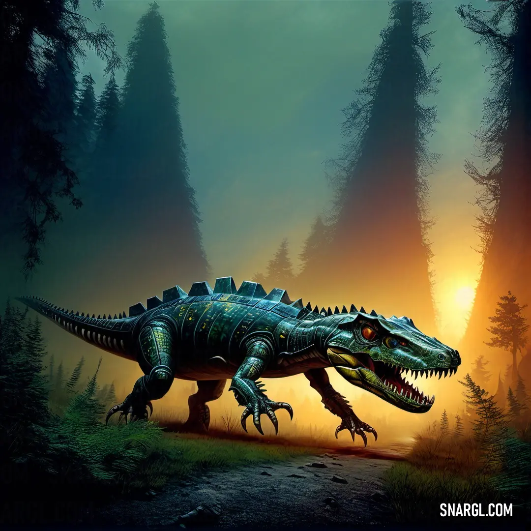 Desmatosuchus with a large head and sharp teeth walking through a forest at sunset with a sun in the background