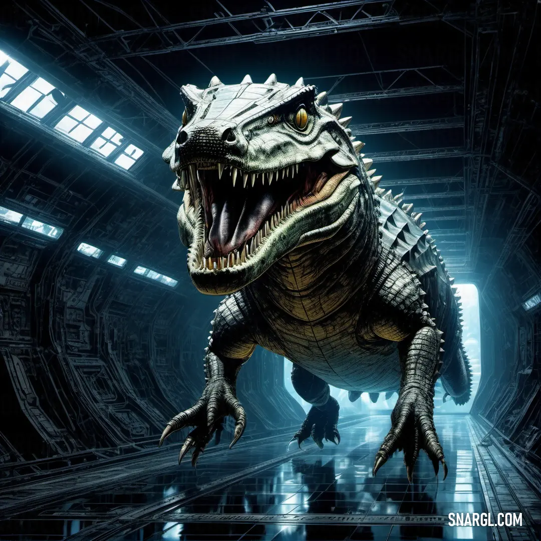 Large Desmatosuchus with a large mouth and sharp teeth in a dark room with lights on the ceiling and a man in the background