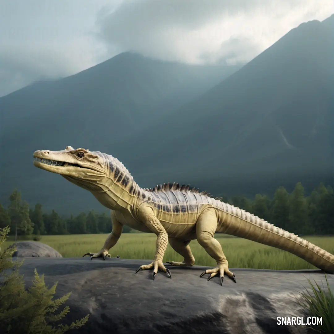 Large white and black Desmatosuchus on a rock in front of a mountain range with trees and grass in the foreground