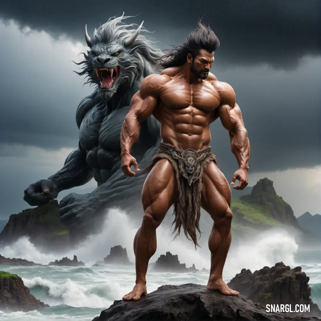 Deva with a hairy body standing on a rock next to a wolf with a huge head and claws