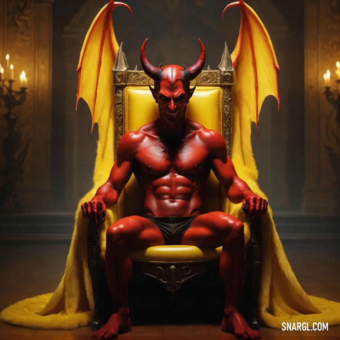 Devil on a chair with a yellow blanket around it's neck and wings on his head