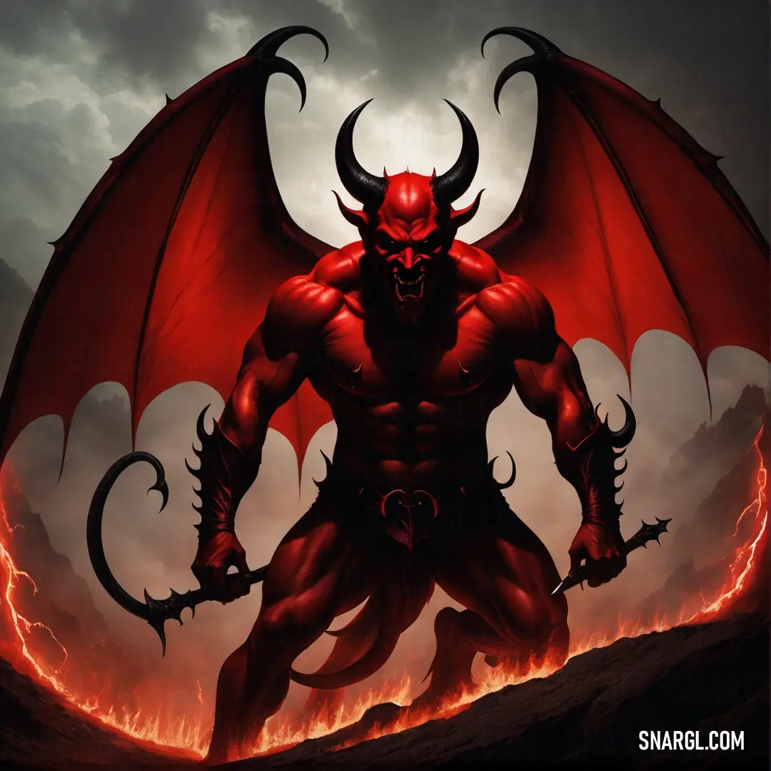 Demonic Devil with horns and a huge red Devil face on his chest and arms