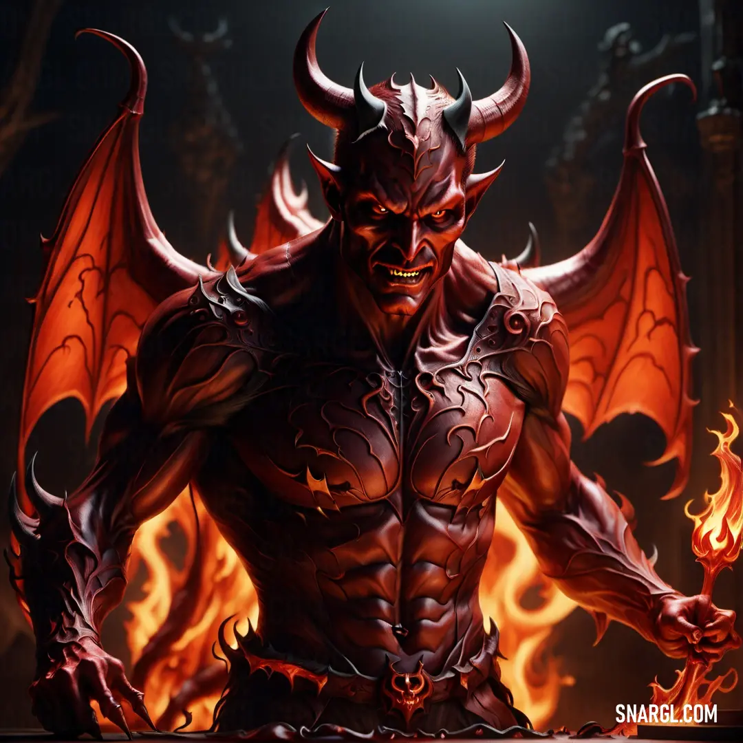 Demonic Devil with horns and a Devil face on fire with flames in the background