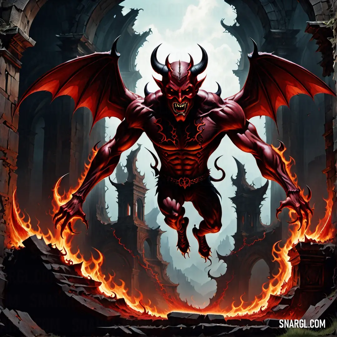Demonic Devil with red eyes and horns on fire in a castle doorway with a sky background