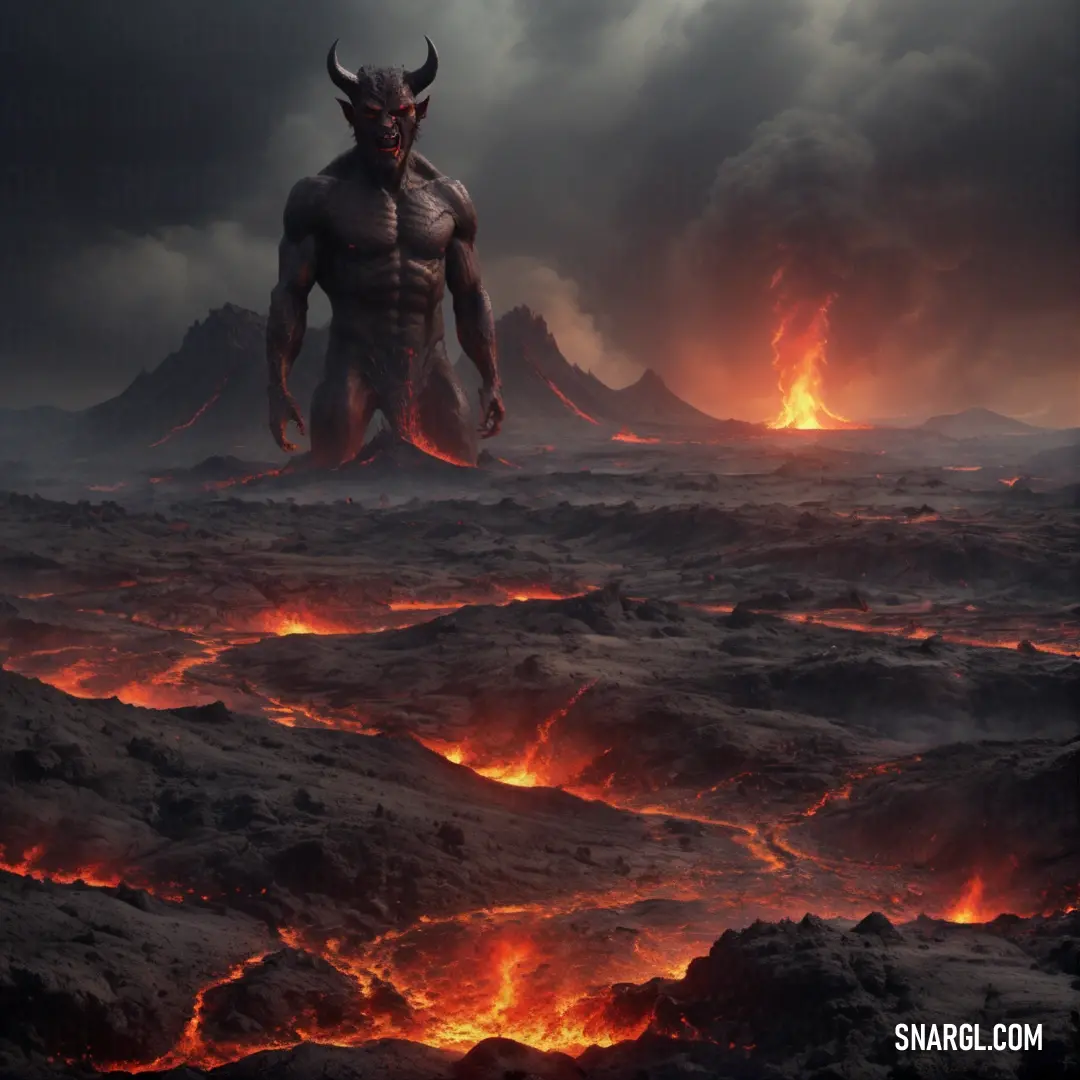 Demonic looking Devil standing in a lava field with lava and lava surrounding it in the background is a dark sky with clouds