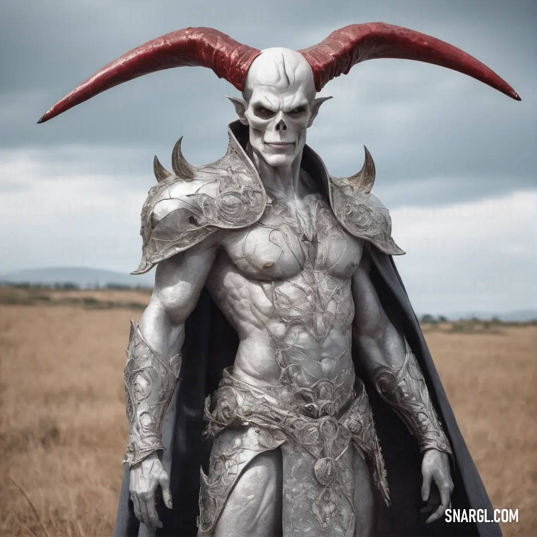 Devil with horns and a horned head and a cape on his head is standing in a field