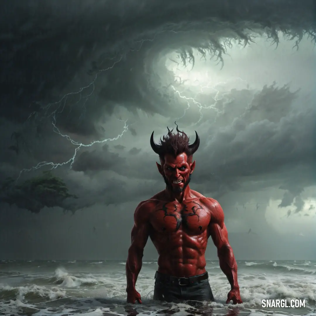 Devil with horns standing in the water with a huge storm behind him and a lightning in the sky