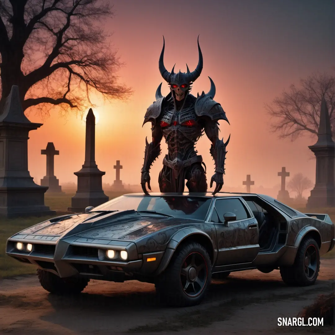 Car with a Diablo on the hood parked in a graveyard at sunset with a statue of a Diablo on top