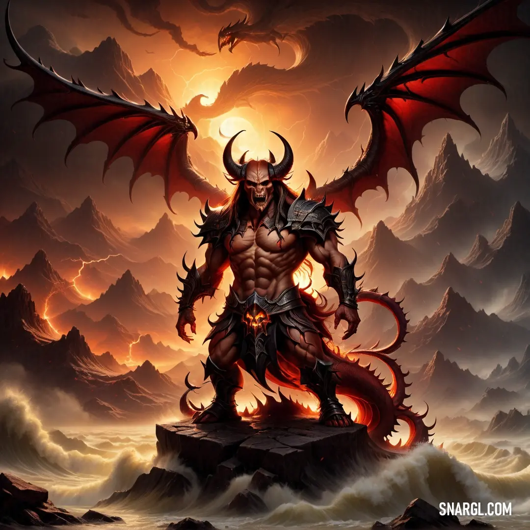 Diablo with a huge body and huge wings standing on a rock in a storm filled mountain landscape with a fiery orange glow