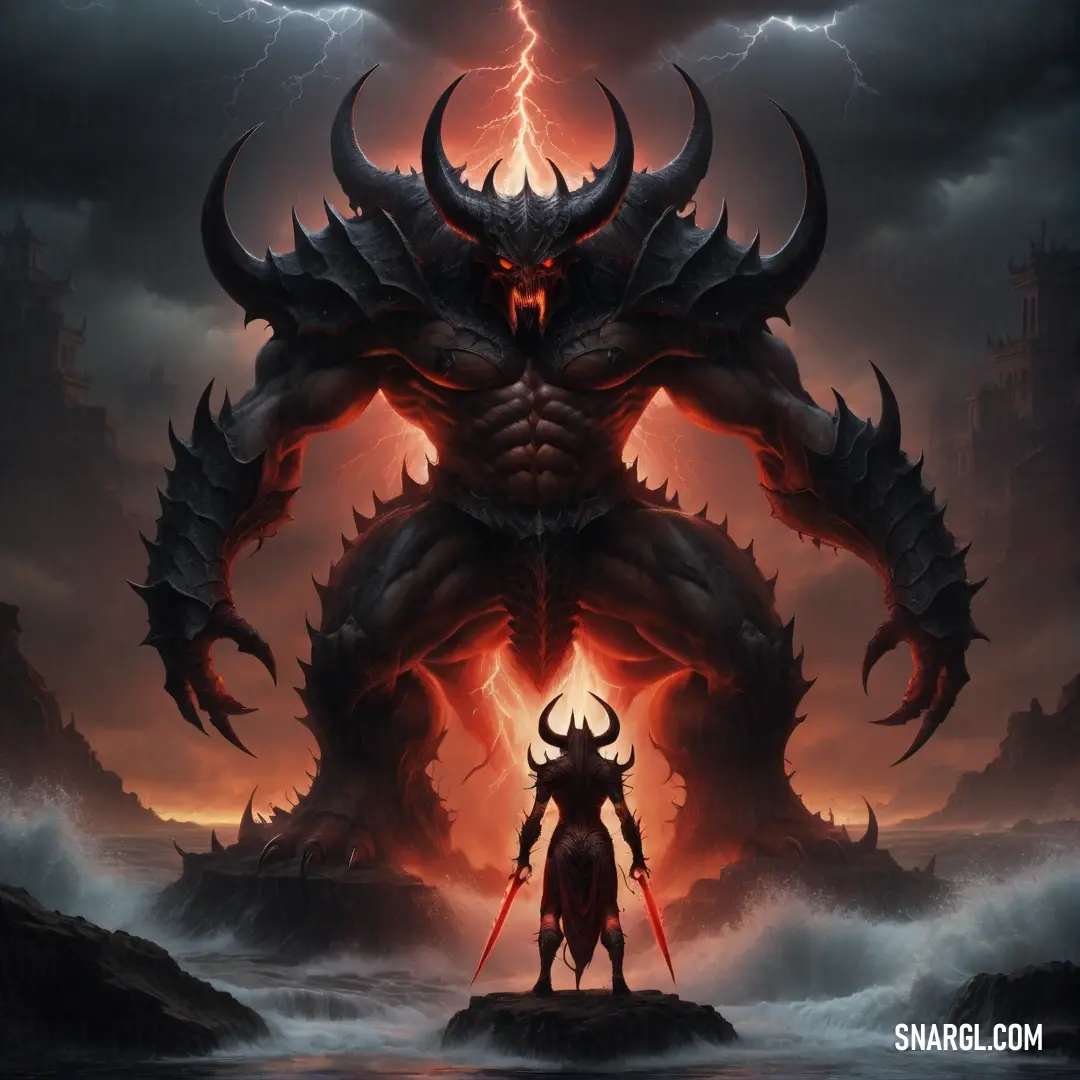 Demonic Diablo standing in front of a giant Diablo with horns and horns on his head