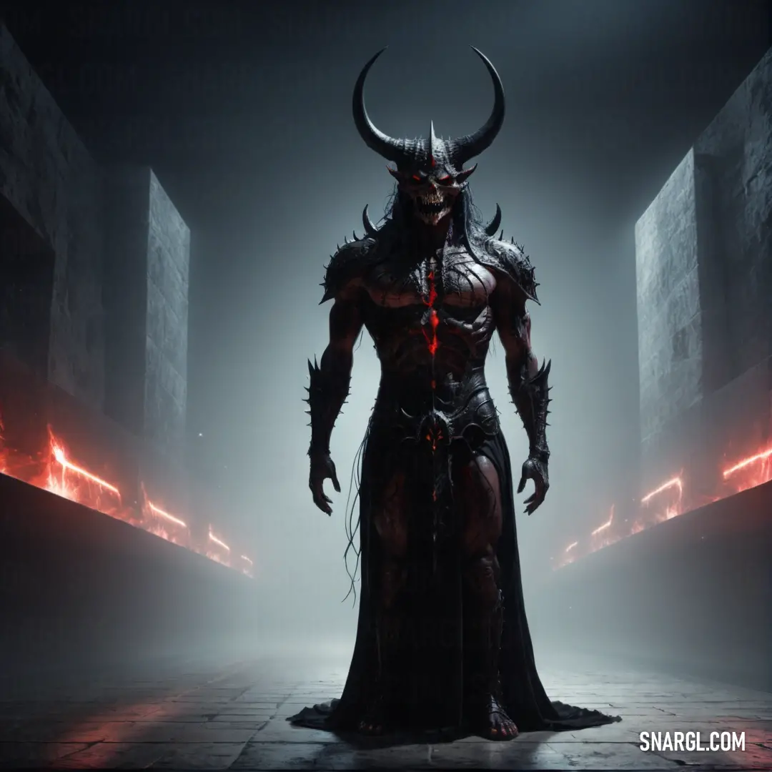 Demonic Diablo standing in a dark room with red lights on the walls and a Diablo mask on his head