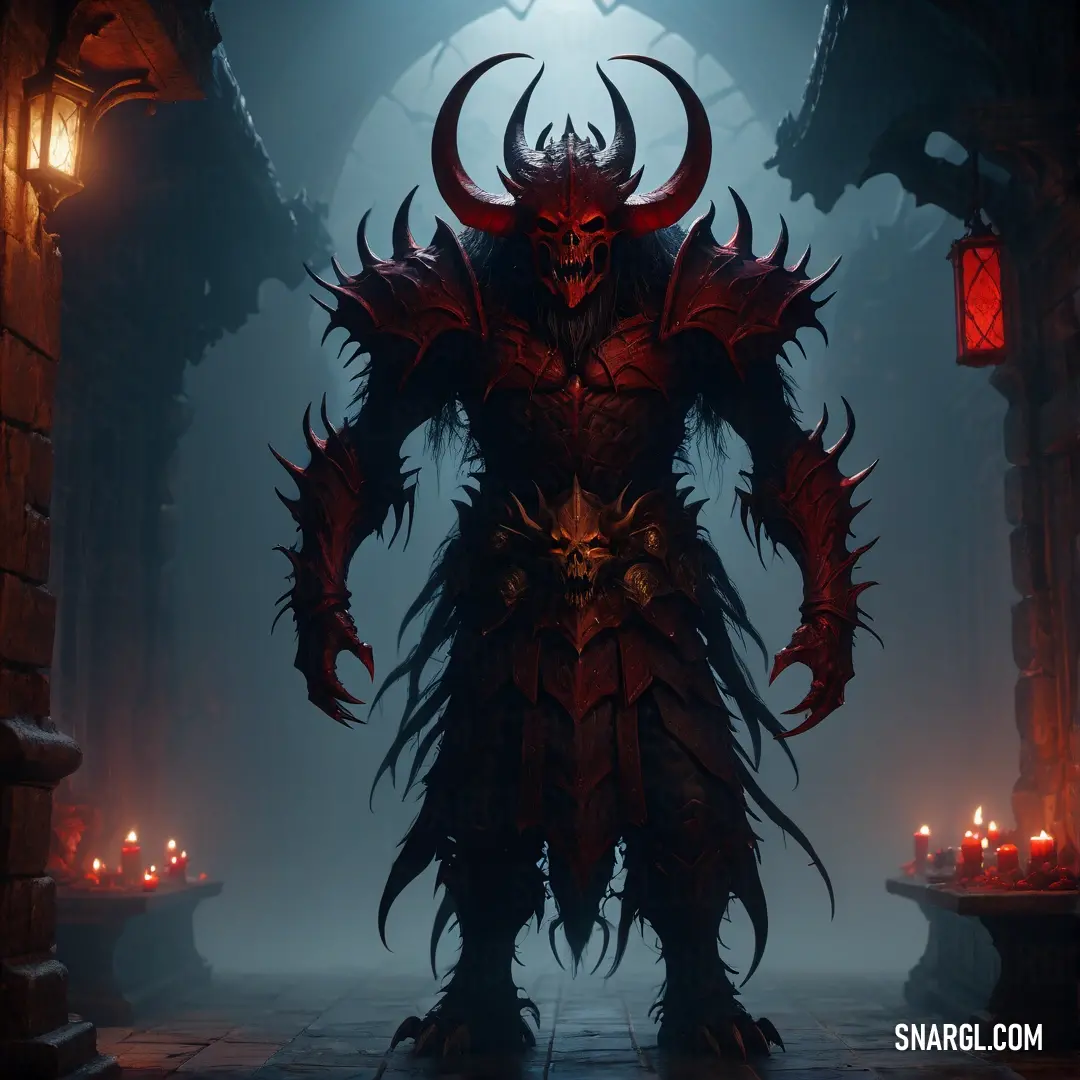 Demonic Diablo standing in a dark room with candles in it's hands and a Diablo head on his chest