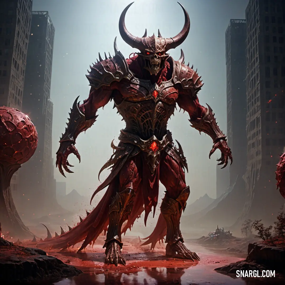 Demonic Diablo standing in a city with a giant Diablo on his back