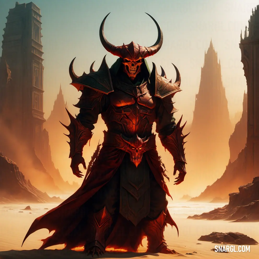 Demonic Diablo standing in a desert with a huge Diablo on his back