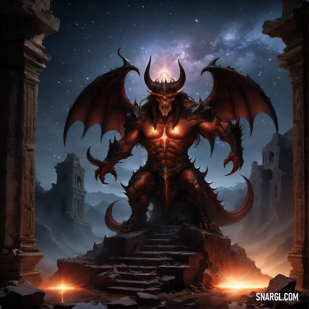 Demonic Diablo standing on a pile of rocks in a cave with a glowing orb in the center of the image