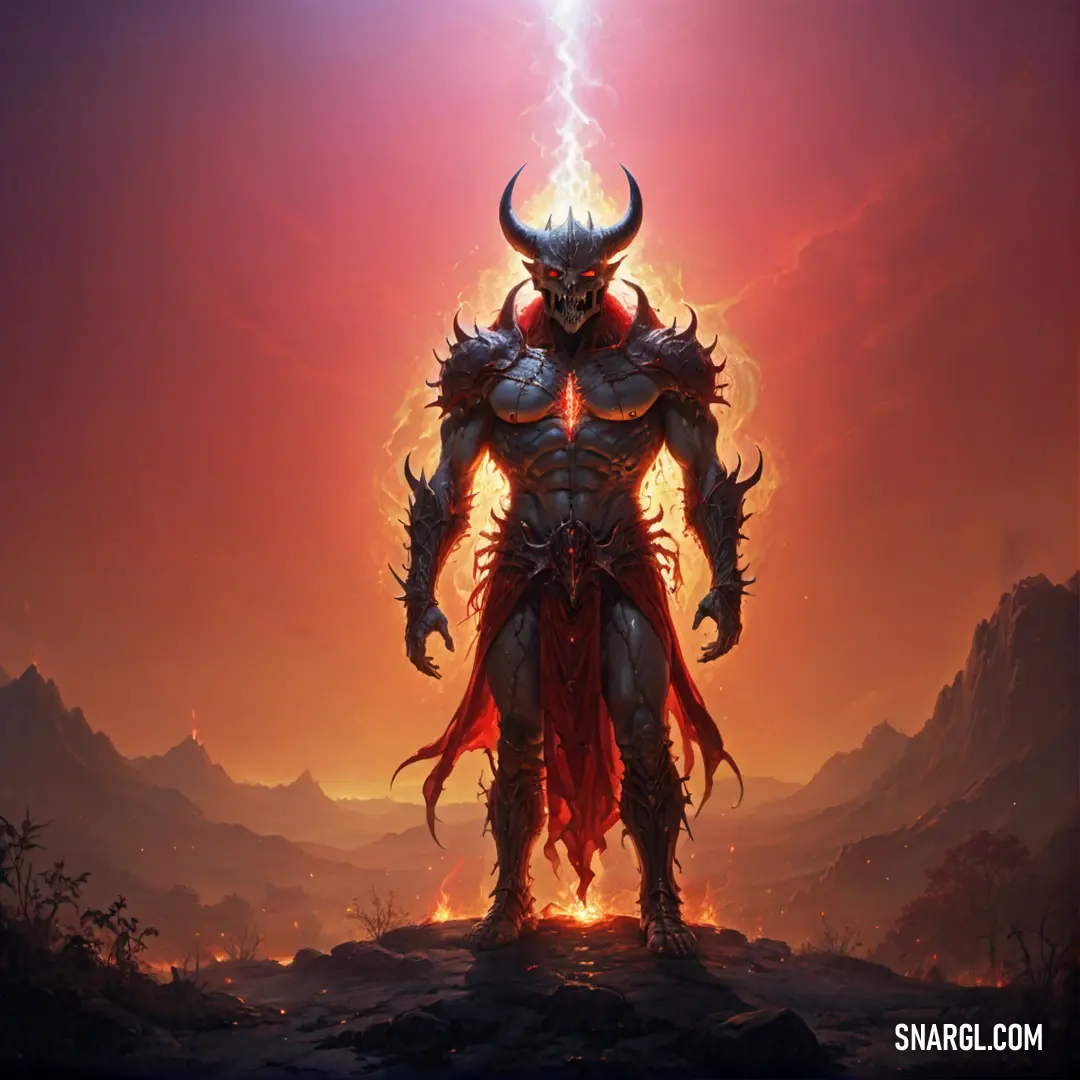 Demonic Diablo standing in a desert with a lightning bolt in his hand and a red flame in his mouth