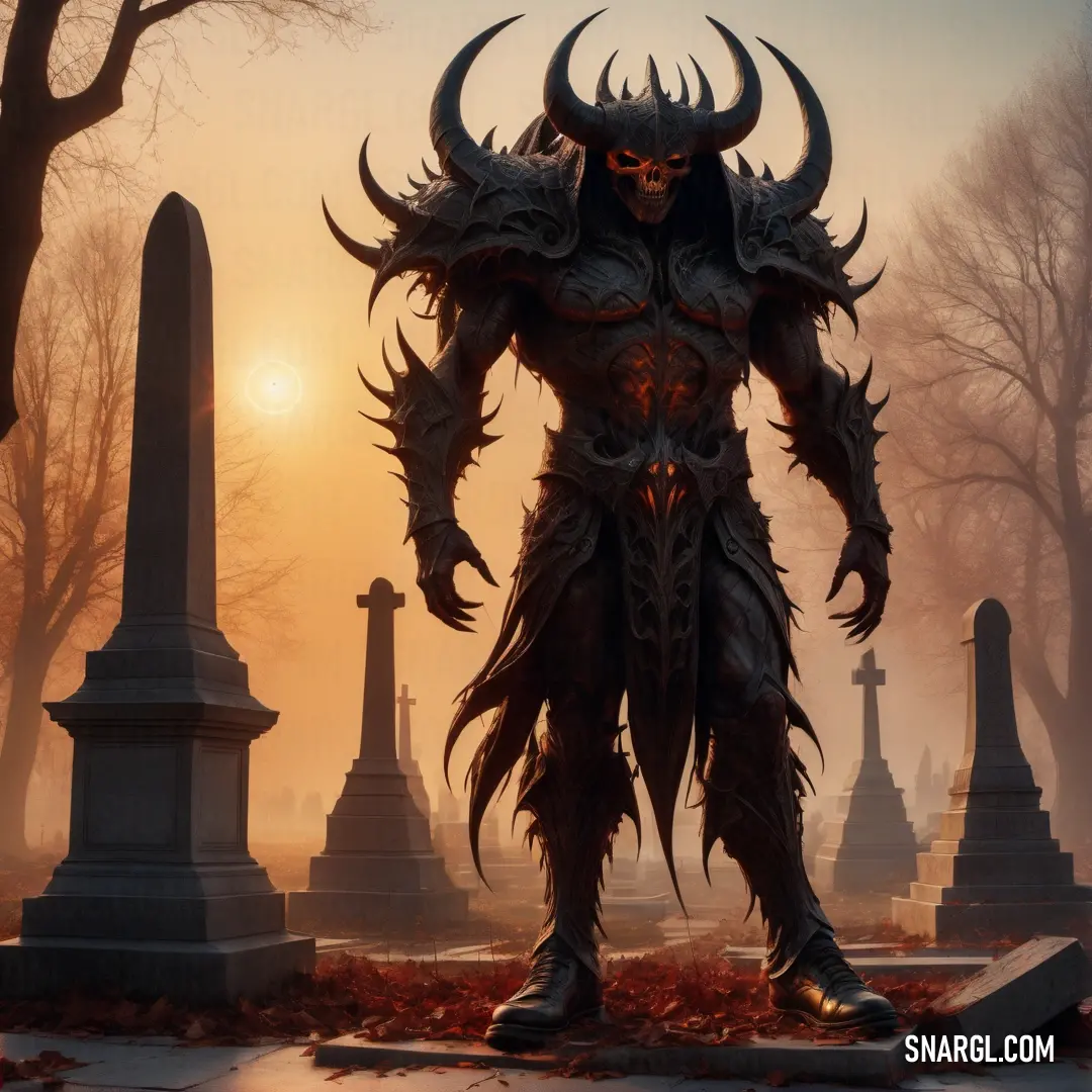 Demonic Diablo standing in a graveyard at sunset with a cross in the background