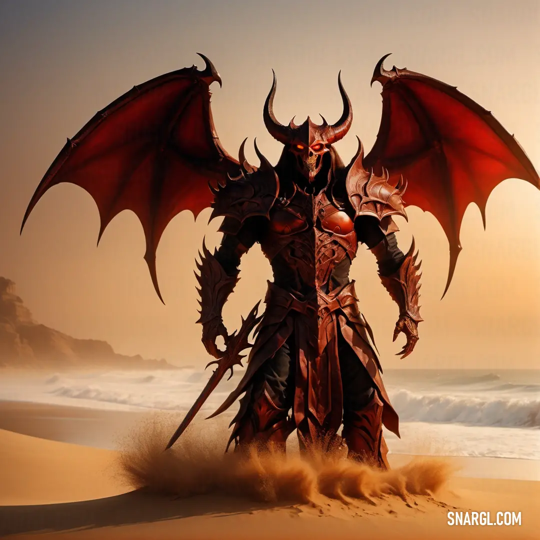 Demonic Diablo standing on a beach with his wings spread out and his eyes closed