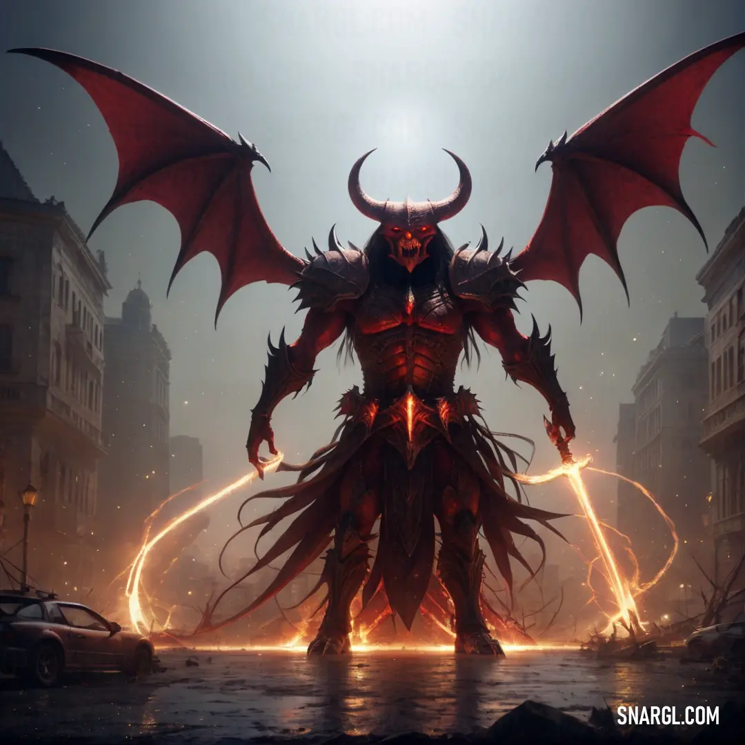 Demonic Diablo standing in a city street with his wings spread out and glowing in the dark