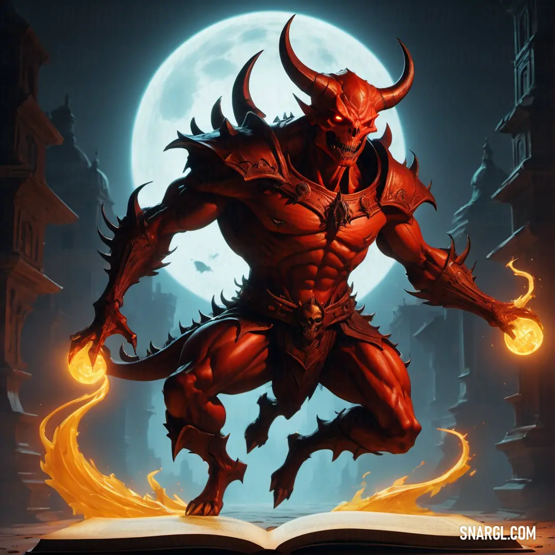 Demonic Diablo with a book in front of a full moon and a cityscape in the background