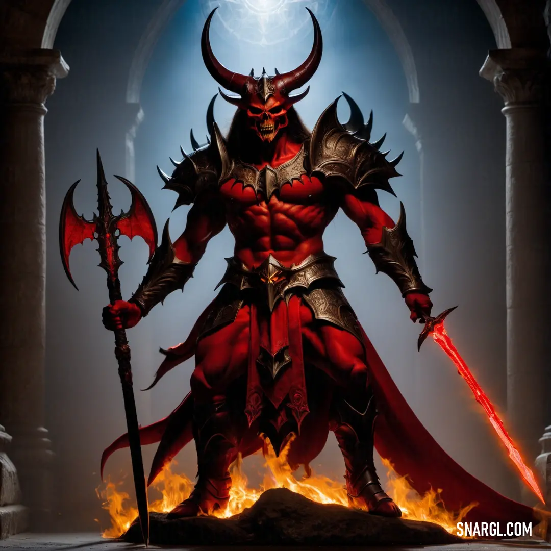 Demonic Diablo with a sword and a Diablo like outfit on a dark background with a bright light in the middle